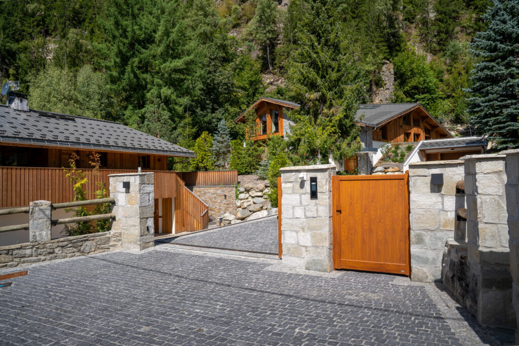 Charming wooden houses with stone entrance